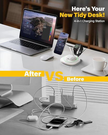 3 in 1 Magnetic Wireless Charger for Apple -Fast Charging Station Compatible with MagSafe for iPhone17-12, Apple Watch&AirPods, Phone and Watch Charger Stand for Desktop Bedside Office (Elegant White)