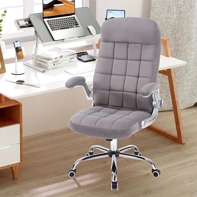 High Back Fabric Office Chair, Velvet Executive Desk Chair with Flip-Up Arms, Ergonomic Office Desk Chair with Lumbar Support, Upholstered Home Computer Chair with Wheels(Grey)