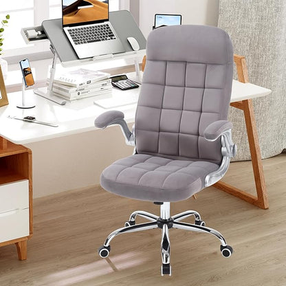 High Back Fabric Office Chair, Velvet Executive Desk Chair with Flip-Up Arms, Ergonomic Office Desk Chair with Lumbar Support, Upholstered Home Computer Chair with Wheels(Grey)