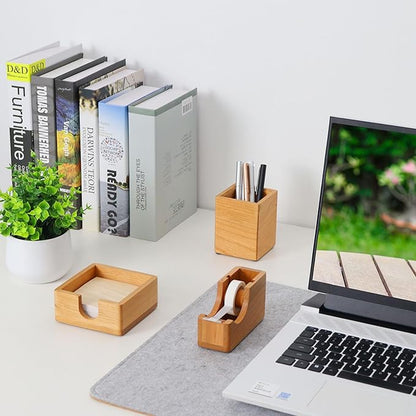 Buqoo Cherry Wood Desk Organizer Set, Tape Dispenser, Sticky Note Holder, Pen Cup - Compact Office Storage for School Home Office Decor