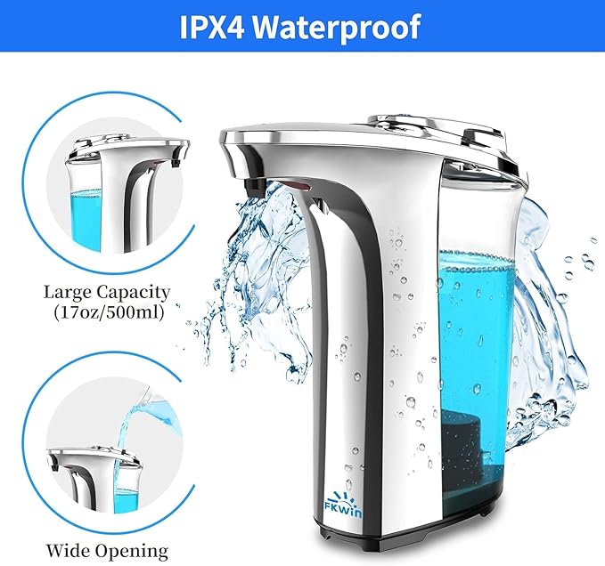 FKWin Automatic Soap Dispenser, Touchless Sensor Hand Soap Dispenser 17oz/500ml, 5 Adjustable Dispensing, Wide Opening Refillable Reservoir, Battery Powered for Bathroom & Kitchen – Silver