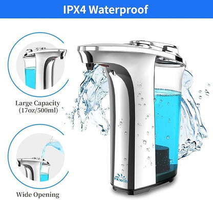 FKWin Automatic Soap Dispenser, Touchless Sensor Hand Soap Dispenser 17oz/500ml, 5 Adjustable Dispensing, Wide Opening Refillable Reservoir, Battery Powered for Bathroom & Kitchen – Silver