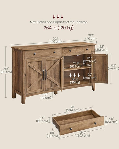 VASAGLE LIRY Collection - Buffet Cabinet, Coffee Bar Cabinet with 2 Drawers, Adjustable Shelves, Sideboard Storage with Cable Holes, Drawer Dividers, Honey Brown UBBK381K01