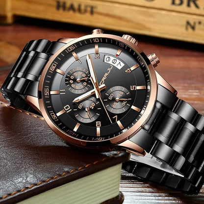 CRRJU Men's Fashion Stainless Steel Watches Date Waterproof Chronograph Wristwatches,Black Steel Band Waterproof Quartz Watch for Men