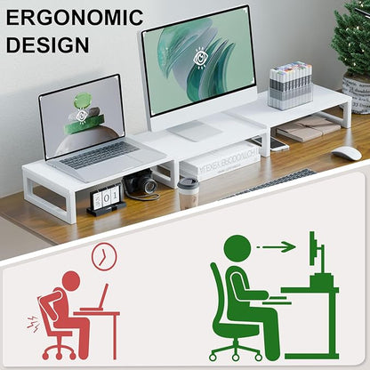 TEAMIX White Dual Monitor Stand Riser for 2 Monitors, Wood & Metal Stand Adjustable Length/Angle Shelf Triple Monitor Stand for Screens/PCs/Printers/Laptops Desktop Organizer