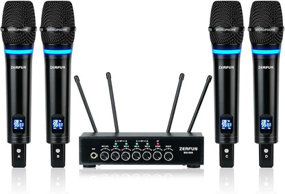 Pro Rechargeable Wireless Microphone System 4 Channel, UHF Metal Handheld Wireless Microphones Cordless Mics with Echo Bluetooth VOL Channel Control for Karaoke Singing Church(MU-898)