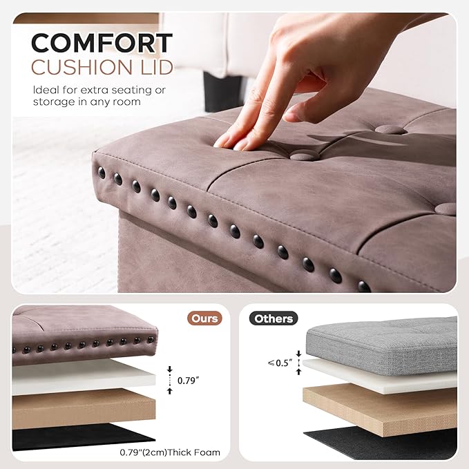 30 Inches Storage Ottoman Bench, Foldable Foot Rest with Rivet Design, 15 x 30 x 15 Inches, End of Bed Bench Footstool, Storage Chest, Load up to 330 lb, for Living Room, Bedroom, Entryway, Oak Brown
