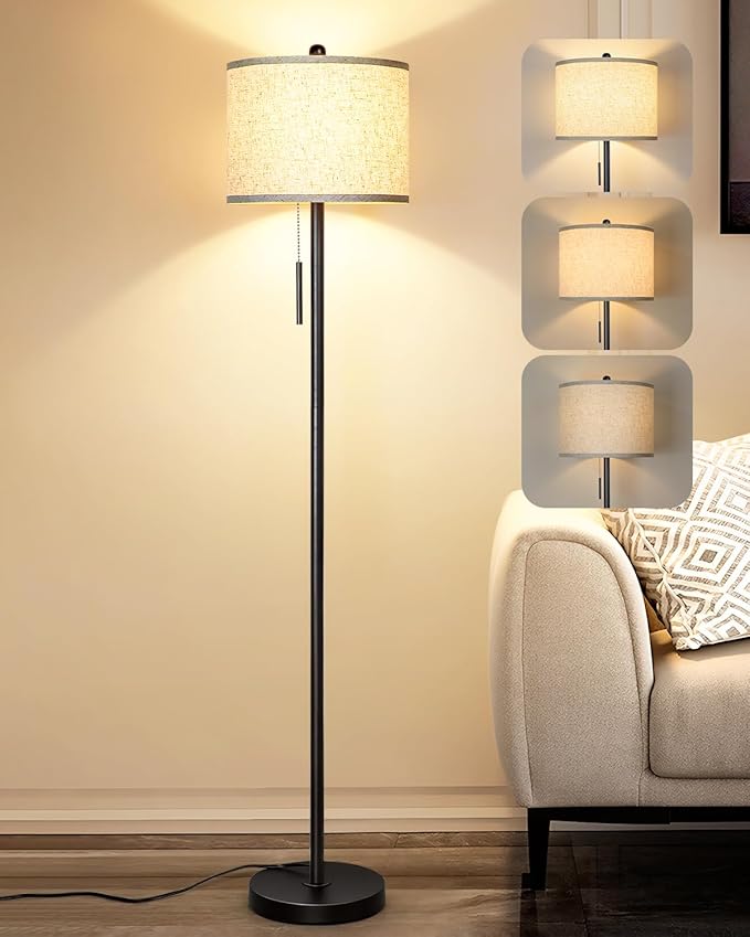 Floor Lamp for Living Room, 63in Black Standing Lamp, 3-Way Dimmable Floor Lamp for Bedroom, Tall Lamp with White Linen Shade for Office