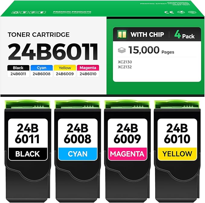 24B6011 24B6008 24B6009 24B6010 Toner Cartridge Set（4-Pack with Chip） Replacement for XC2132 XC2130 Toner Compatible with Lexmark XC2132 XC2130 Laser Printer Ink All-in-One Black Cyan Magenta Yellow