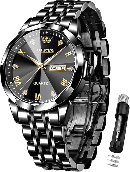 OLEVS Watches for Men Diamond Business Dress Analog Quartz Stainless Steel Date Luxury Casual Fashion Wrist Watch Waterproof Luminous