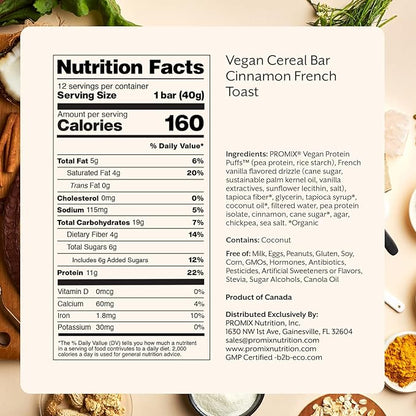 Promix Nutrition Vegan Protein Puff Bars | High Protein, Low Calorie Marshmallow Crispy Treat | Kosher, Soy Free - Cinnamon French Toast