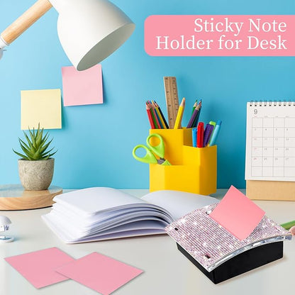 Rhinestone Self Sticky Note Holder Post it Note Dispenser Pop-Up Sticky Notes Dispenser 3 x 3 inch Post it Dispenser for Office Desk Accessories(Pink)