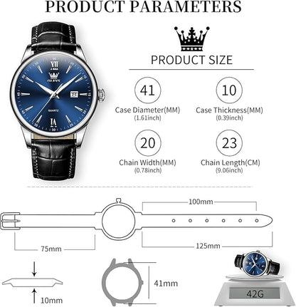 OLEVS Mens Watches, Dress Waterproof Classic Analog Casual Luxury Wrist Watch for Men with Date, Easy to Read Relojes para Hombres Male Quartz Wristwatch with Brown Black Leather Band Blue Black Dial