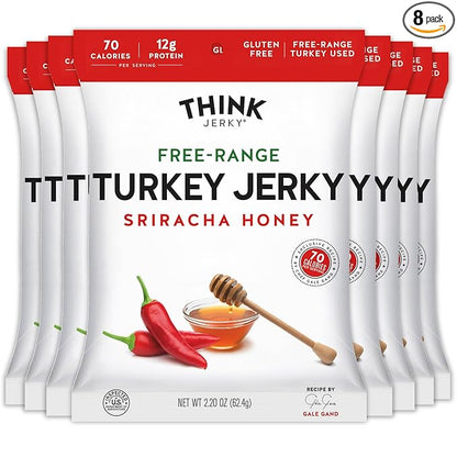 Think Jerky Sriracha Honey Turkey Jerky, High Protein Free-Range Turkey, Gluten Free, No Antibiotics or Nitrates, Healthy Chef Crafted Recipe, Low Calorie and Low Fat - 2.2 oz Bags, 8 Pack