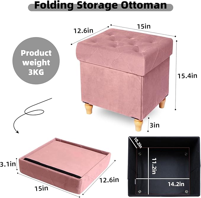 CAROLMADE Folding Storage Ottoman Cube Velvet Footstool with Wood Legs Ottoman Footrest for Living Room and Bedroom Pink, Grey 15"x12.6"x15.4"