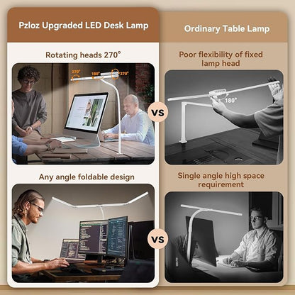 Led Desk Lamp with Clamp: Architect Desk Lamp for Home Office, Eye Caring Double Head Computer Monitor Work Desk Light with Remote Control - 24W Flexible Dimmable Desktop Table Lamp White