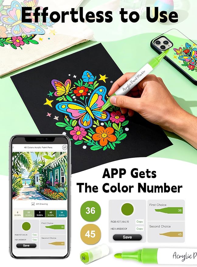 YHC 60 Colors Acrylic Paint Pens with Free App, Dual Tip Acrylic Paint Markers with Brush Tip and Fine Tip for Adults, Kids, Eggs, Wood, Rock, Canvas, Plastic, Stone, Glass, Ceramic