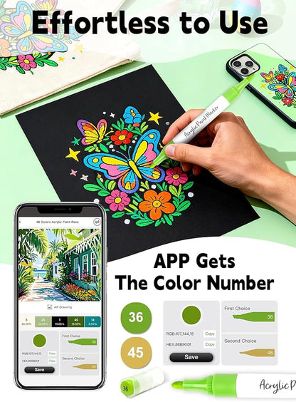 YHC 60 Colors Acrylic Paint Pens with Free App, Dual Tip Acrylic Paint Markers with Brush Tip and Fine Tip for Adults, Kids, Eggs, Wood, Rock, Canvas, Plastic, Stone, Glass, Ceramic