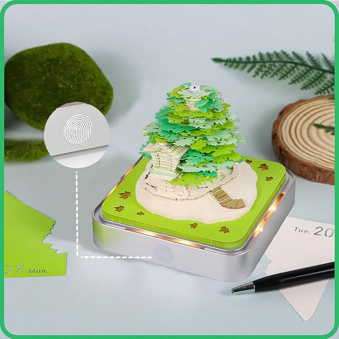 3D Memo Pad 2026 Time Piece Calendar Desk Calendar Tear Away Notepad with Lights DIY Art Carving Sticky Notes Artwork Gift for Thanksgiving Christmas Office Desktop Decoration-Green Treehouse