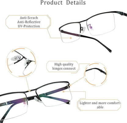 LifeArt Alloy Semi-Rimless Reading Glasses,Blue Light Blocking Glasses, Anti Eyestrain, Computer Gaming Glasses, TV Glasses for Men, Anti Glare (Black, +0.00 Magnification)