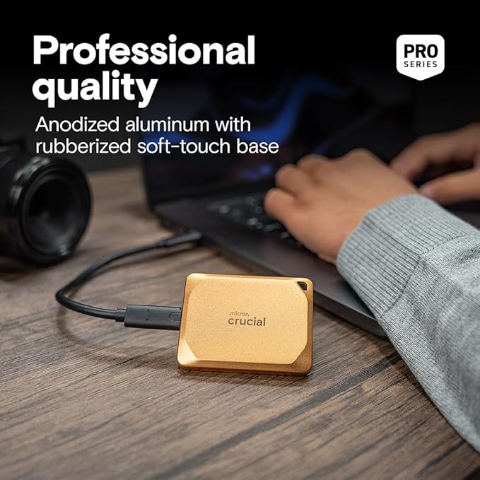 Crucial X10 Pro 2TB Portable SSD, Up to 2,100MB/s Read, 2000MB/s Write, USB 3.2 USB-C, External Solid State Drive, Durable Storage for Professional Creators, Gold - CT2000X10PROSSD9D02