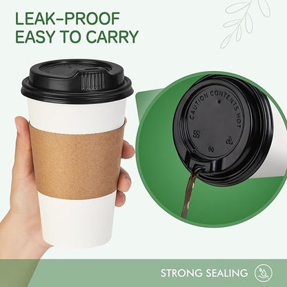 16 oz Coffee Cups with Lids and Sleeves 100 Pack,White Leak-Proof Disposable Coffee Cups for Hot/Cold Beverages, Party Supplies, To-Go Paper Cups for Coffee, Tea, Office, Picnic
