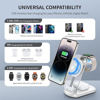 2026 Travel Wireless Fast Charging Station,Magnetic 3 in 1 Charger with Light for iPhone16 15 14 13 12 Pro Max Plus,Apple Watch Series & Air pods 4 3 2 Pro-Gifts for Wife & Husband(Pink)