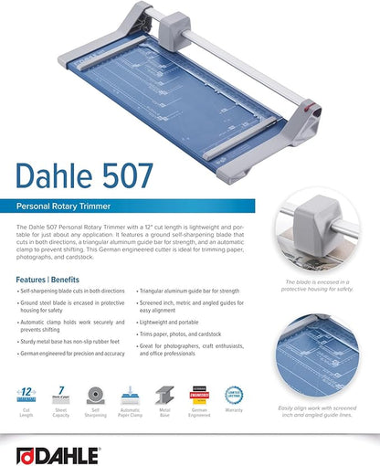 Dahle 507 Personal Rotary Trimmer, 12" Cut Length, 7 Sheet Capacity, Self-Sharpening, Automatic Clamp, German Engineered Paper Cutter