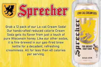Sprecher Low-Cal Cream Soda, Fire-Brewed Diet Soda with Real Honey, Handcrafted Reduced Calorie Cream Soda, Caffeine-Free Gourmet Beverage – 16 fl oz Cans (12 Pack)
