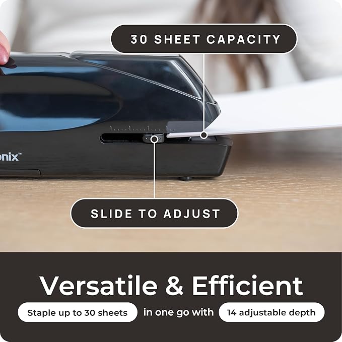 Portable Automatic Electric Stapler Pro - 30 Sheet Capacity, Quiet Operation, Jam-Free and Easy Reload - AC Adapter/Battery Powered, (Black)