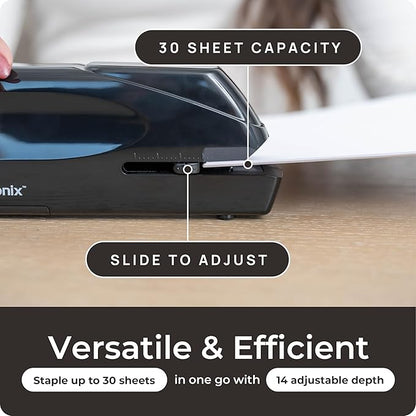 Portable Automatic Electric Stapler Pro - 30 Sheet Capacity, Quiet Operation, Jam-Free and Easy Reload - AC Adapter/Battery Powered, (Black)