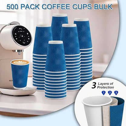 500 Pack 16oz Coffee Cups,Corrugated Insulated Ripple Wall Disposable Paper Coffee Cups 500 Count,Hot Beverages Cup for Office,Party,Home,Travel(Navy)