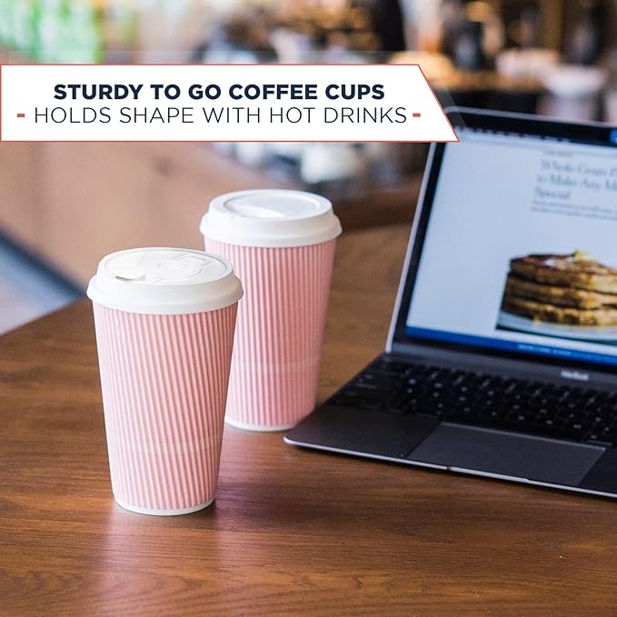 Disposable Coffee Cups With Lids - 16 oz To Go Coffee Cup (70 Pack). Large Travel Cups Hold Shape With Hot and Cold Drinks, No Leaks! Insulated Ripple Cups Protect Hands, No Sleeves needed!