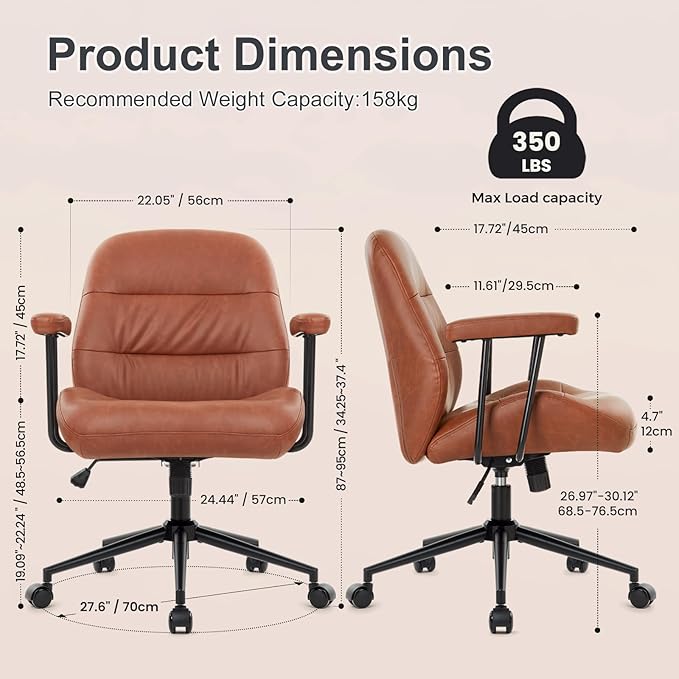 IWMH Home Office Chair, PU Leather Ergonomic Desk Chair with Armrests, Mid-Century Modern Executive Task Chairs, Height Adjustable (Brown)