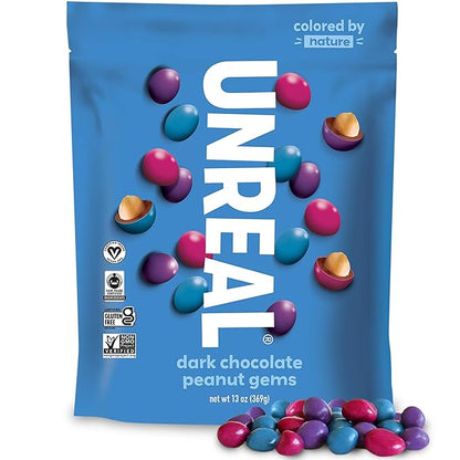 Unreal Dark Chocolate Peanut Gems | Vegan with Colors from Nature | Fair Trade, Non-GMO, Gluten Free Ingredients | No Sugar Alcohols or Soy, 13oz, 1 Bag