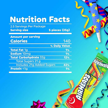 Airheads Xtremes Belts, Halloween Trick or Treat Sweetly Sour Candy, Rainbow Berry Flavor, Individually Wrapped Bulk Candy for Adults & Kids, Movie Theater, Party, Non-Melting, 3 oz (Pack of 12)