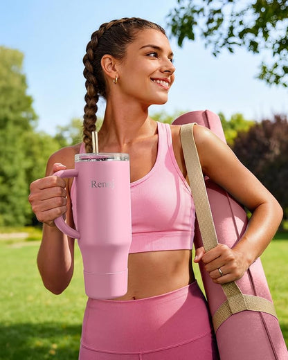 Renoj Tumbler with Handle 100% Spill Resistant Insulated Water Bottle for Iced Coffee & Hot Drinks - Fits Car Cup Holder, Ideal Gift, 2 Straws & Silicone Boot BPA-Free - FlexSlide Pink 40 oz