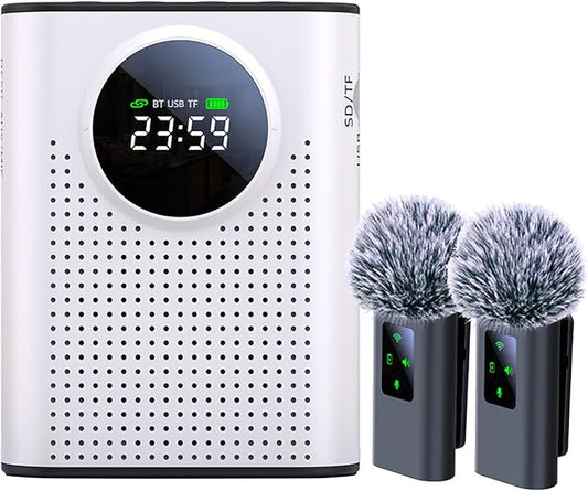 Rechargeable Voice Amplifier Wireless Microphone Dual for Teachers Classroom, Mini Lavalier Lapel Mic Clip Magnetic, Bluetooth Speaker with LED Display for Class, Tour Guide, Coaches, White