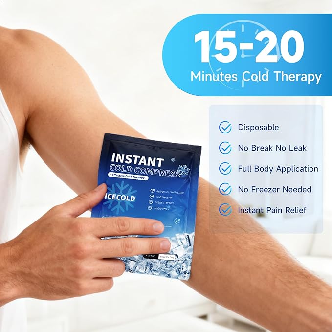 25 Instant Ice Cold Packs, 4.4" x 6" Disposable Ice Packs for Injuries, Pain Relief, No Freeze Needed Cold Compress for First Aid, Athletes