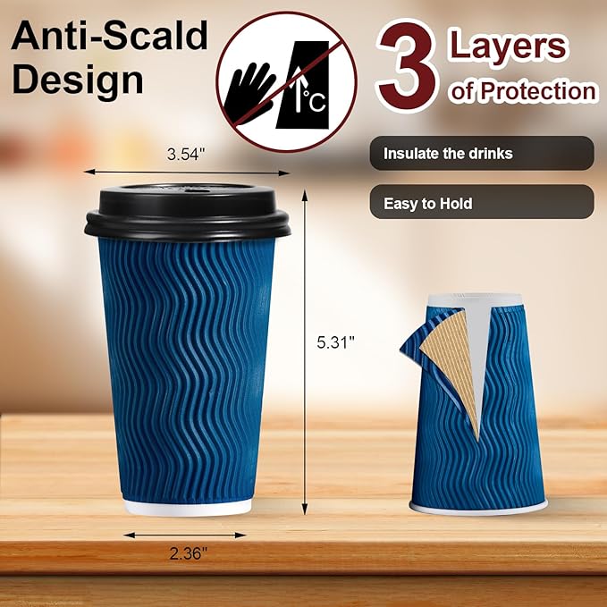 Lamosi 16 OZ Disposable Coffee Cups with Lids 50 Pack, Paper Insulated Corrugated Ripple Wall Cup for Hot Beverages