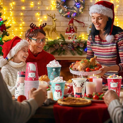 100 Pack 12 oz Christmas Coffee Cups, Holiday Disposable Paper Cups with 4 Xmas Designs for Hot Cocoa, Hot Chocolate, Cold Beverage