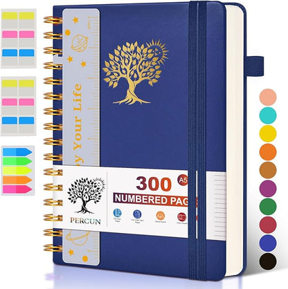 Spiral Notebook Journal for Women Men, 300 Numbered Lined Pages, College Ruled, A5 Hardcover Spiral Bound Notebook for School, Work, Note Taking Writing, Leather Spiral Journal Medium 5.9"x8.5"