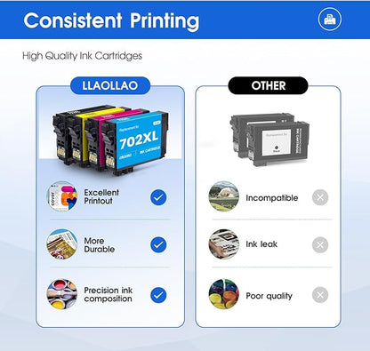LLAOLLAO 702XL 702 Ink Cartridges Combo Pack Remanufactured Replacement for 702xl Ink Cartridges for Printer WF-3720 WF-3730 WF-3733 (1 Black 1 Cyan 1 Magenta 1 Yellow, 4 Pack)