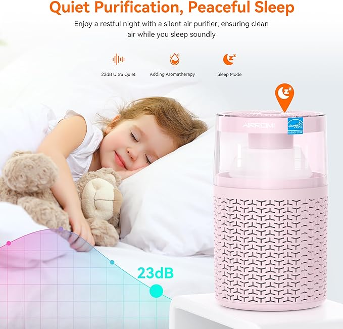 AIRROMI Air Purifiers for Bedroom Home,Up to 658 Ft²,Activated Carbon Filter Cleaner,With Fragrance Sponge for Better Sleep,Night Light,Pet Dander,Allergies,Smoke,Odor,Desktop Air Cleaner A2002 Pink