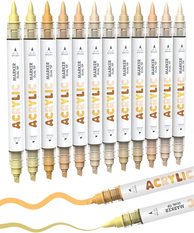 Guangna 12 Skin Tone Dual Tip Acrylic Paint Markers, Brush Tip & Chisel Tip Acrylic Paint Pens for Pumpkin Paint, Rock, Wood, Glass, Paper, Coloring Book, Ceramic, Canvas, Water-Based Ink