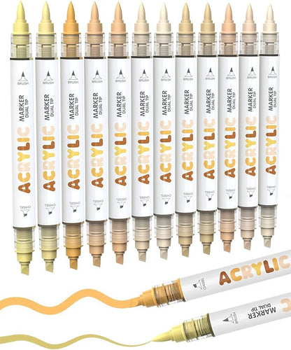 Guangna 12 Skin Tone Dual Tip Acrylic Paint Markers, Brush Tip & Chisel Tip Acrylic Paint Pens for Pumpkin Paint, Rock, Wood, Glass, Paper, Coloring Book, Ceramic, Canvas, Water-Based Ink