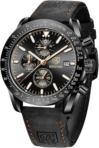 BY BENYAR Watch for Men Analog Quartz Chronograph Waterproof Luminous Designer Mens Wrist Watches Business Work Sport Casual Dress Watch with Silicone Strap Elegant Gifts for Men