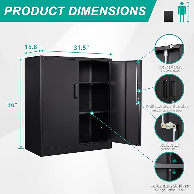 36 inch Metal Storage Cabinet with Doors and Shelves,Small Garage Storage Cabinet with Lock,Black Metal Cabinets with Locking Doors for Home,Office,Short Garage Cabinets