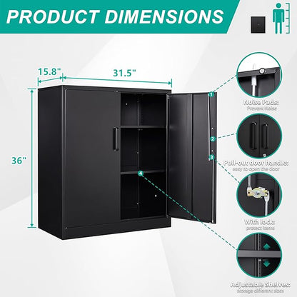 36 inch Metal Storage Cabinet with Doors and Shelves,Small Garage Storage Cabinet with Lock,Black Metal Cabinets with Locking Doors for Home,Office,Short Garage Cabinets