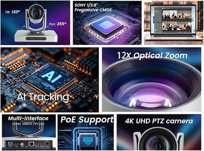 AVKANS 4K NDI PTZ Camera, HDMI SDI AI AUTO Tracking PTZ Camera with IP Live Streaming for Church Worship Live Events, PoE Support